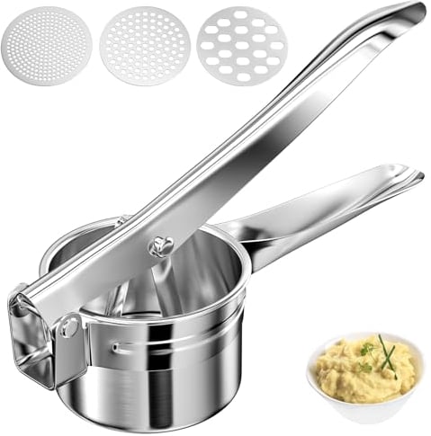 Brevanza Kartoffelpresse, Spaghettieispresse, Kartoffelstampfer, Spätzlepresse, Spaghetti Ice Cream Press mit 3 Austauschbare Scheiben für Flauschige Kartoffelpüree, Entsaften, Edelstahl