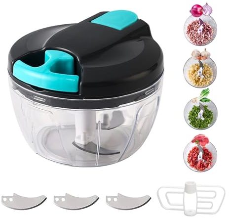 Genossen Affettatrice manuale per cipolle, tritatutto per cipolle con 3 lame in acciaio inox e 1 frullatore, tritatutto multiplo con cordicella, tritatutto per cipolle, aglio (Blu-520ml)