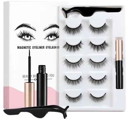 YUEMOL magnetwimpern 5 Paar magnetische Wimpern, 3D-Falsch-Nerzwimpern, Magnet-Wimpern, flüssiger Eyeliner und magnetische falsche Wimpern, Beauty-Pinzetten-Set