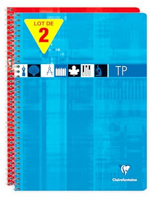 Clairefontaine 8007AMZC Un Lot de 2 Cahiers à Spirale de Travaux Pratiques - 24x32 cm - 80 Pages Grands Carreaux 90 g et Unies Blanches 125 g - Couverture Carte Pelliculée - Couleurs Aléatoire