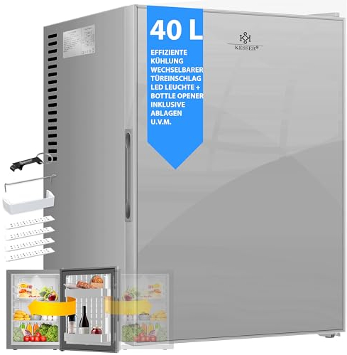KESSER® Mini Kühlschrank 40L mit Glasfront Minibar ideal für Camping, Büro, Schlafzimmer, Hotel, Küche kleiner Kühlschrank komplett lautlos, wechselbarer Türanschlag, Innenbeleuchtung inkl. Glasöffner