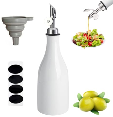 TOWEBOORY Distributeur D'huile D'olive en Céramique, 300 ML Bouteille Huile Olive Bouteille Distributrice D'Huile D'Olive en Porcelaine avec Étiquette pour le Stockage D'huile, Vinaigre (Blanc)
