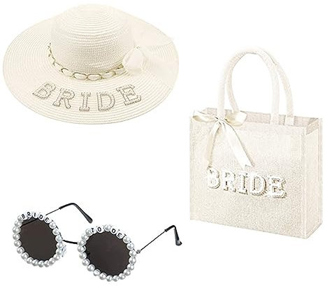 PURPLELILY Sombrero de paja para boda, gafas de sol para despedida de soltera, suministros de compromiso, decoración de despedida de soltera, gafas de sol