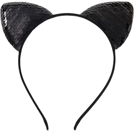 NAUZE Serre-tête avec oreilles de chat à paillettes - Noir - Réversible - Accessoire de cheveux pour femmes et filles - Pour la vie quotidienne et les fêtes