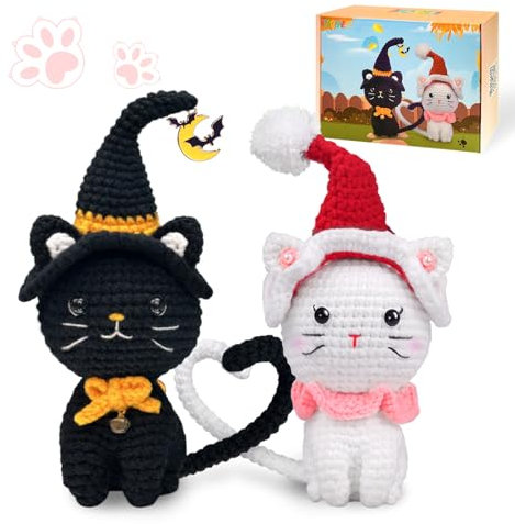 Häkelset für Anfänger, 2-teiliges Halloween-Katzen-Häkelset mit Schritt-für-Schritt-Video-Tutorials, Häkel-Starter-Set, DIY-Häkeltier-Sets für Erwachsene und Kinder, komplettes Set im Lieferumfang