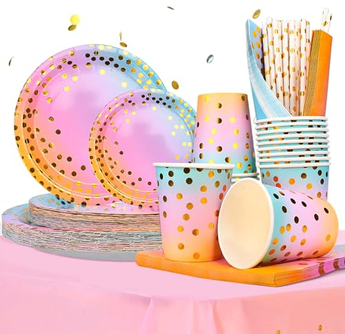 TEGOVE 176 Pièces Vaisselle Anniversaire, Kit Assiette Ann iversaire Fille Dîner Papier Anniversaire Fête Mariages Baby Shower Noël,25 invités