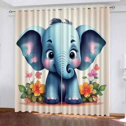 EXSANLIEAY Verdunklungsvorhänge Elefant, Vorhang Blickdicht Karikatur Vorhänge mit öSen 2er Set für Schlafzimmer Kinderzimmer, Deko Gardinen Wohnzimmer - B132 x H160 cm