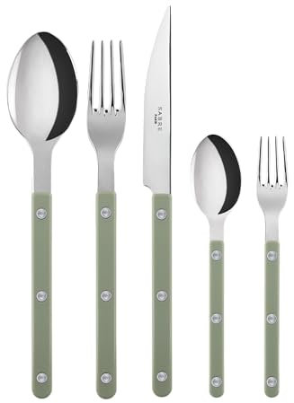 SABRE PARIS - Tafelbesteck, 5-teilig - Bistrot - Messer, Gabel, Esslöffel, Teelöffel & Kuchengabel - Edelstahl & Nylon - Spülmaschinenfest - Spargelgrün