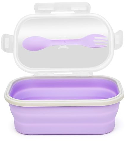 Ecomorning Lonchera plegable de silicona con tapa y tenedor, caja bento plegable a prueba de fugas para preparación de comidas, viajes, camping, microondas y lavavajillas, 8.1 x 5.1 x 2.8 pulgadas,