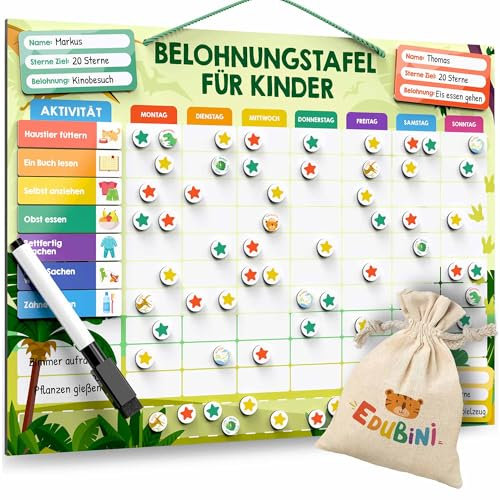Edubini Belohnungstafel für Kinder - [100 Aufgaben + 350 Magnete] - Belohnungssystem für Verantwortung - Family Plan, Montessori Magnettafel, Wochenplaner, Adhs Hilfsmittel - inkl. Tasche, Stift