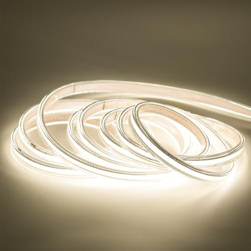 pcning Bande LED COB Puissante 220V 20M sans Transformateur, 20 Metres 4000K Blanc LED Waterproof Strip Light (Blanc, 20M)