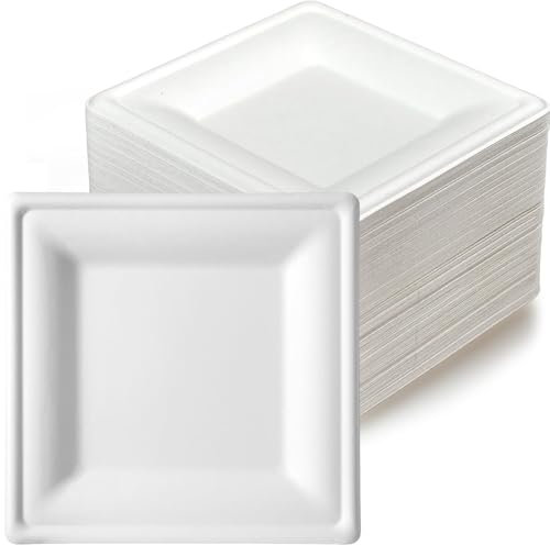 G.M. DISTRIBUZIONE 200 Piatti Quadrati Bianchi in Polpa di Cellulosa 20x20 cm, Ideale per Cibi Caldi e Freddi, Piatti Imperameabili Usa e Getta Adatti al Microonde, Biodegradabili e Compostabili