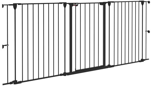 PawHut Barrera para Perros de Acero 206x90 cm Valla para Mascotas Plegable de 3 Paneles con Doble Cerradura y Función de Bloqueo Auxiliar para Puerta Pasillo Escalera Negro