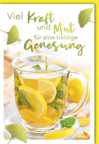Verlag Dominique Genesungskarte mit Teetasse Zitrone Ingwer und Ginkgo Blättern Viel Kraft und Mut für eine baldige Genesung Motiv auf der Vorderseite mit Umschlag