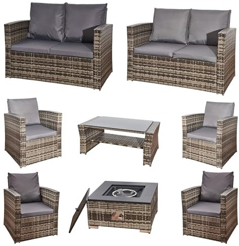 8 Seater Rattan Garden Furniture Corner Sofa Set Lounger Patio Weaving Wicker Conservatory Set 4 Armchairs 2 Double Seater Sofa 1 Fire Pit 1 Glass Dining Table & Cushions For Indoor | Outdoor Sittings