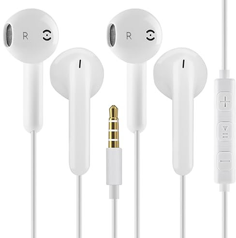 3.5mm Wired Earbuds in-Ear Headphones, 3.5mm Jack Earphones with Microphone, Noise Isolation Corded Ear Buds for iPhone,Samsung, Computer, Laptop, MP3 Players (White)