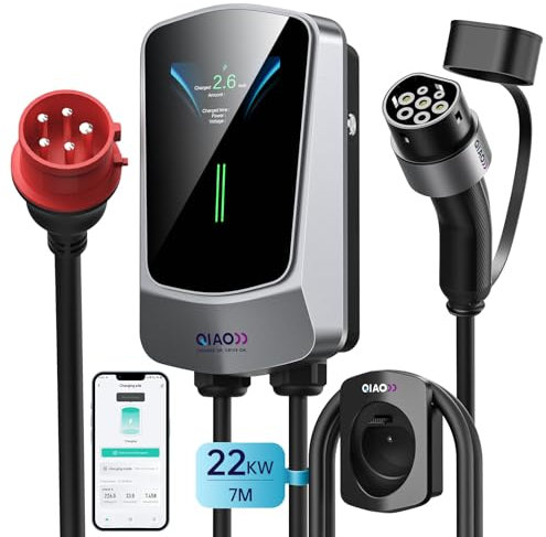 QIAO)) Chargeur EV 22 KW Type 2, contrôle par Application triphasé 7 M 8-32 A, Station de Charge pour véhicule électrique Domestique avec écran LCD 4,3, Prise Murale CEE 32 A avec Support de câble