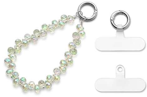 MORSUNBELA Cadena para teléfono móvil para muñeca, universal, cadena para teléfono móvil, perlas cortas, purpurina, correa para teléfono móvil, color verde