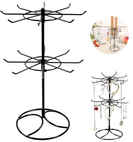 Rayong Smyckesställ med 2 våningar, kedjeställ smycke roterbar, halsbandshållare, svart, örhängeshållare, smyckesförvaring för örhängen, halsband, ringar, armband