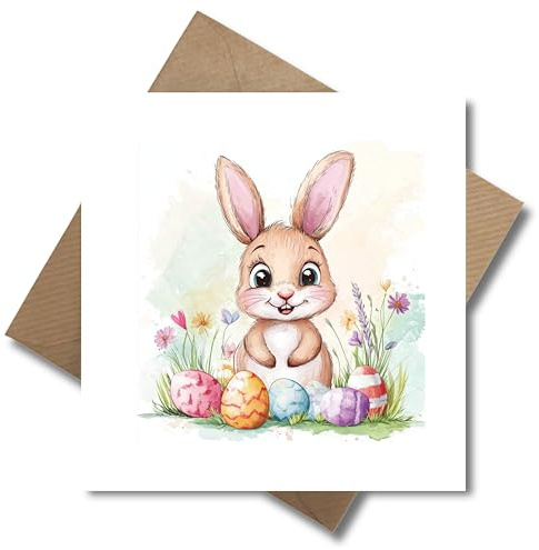 Osterkarte mit Hase – Süße Grußkarte zu Ostern für Kinder, Freunde, Familie & Kollegen – Klappkarte mit Umschlag – Niedlicher Osterhase & bunte Eier im Aquarell-Stil (125 x 125mm)
