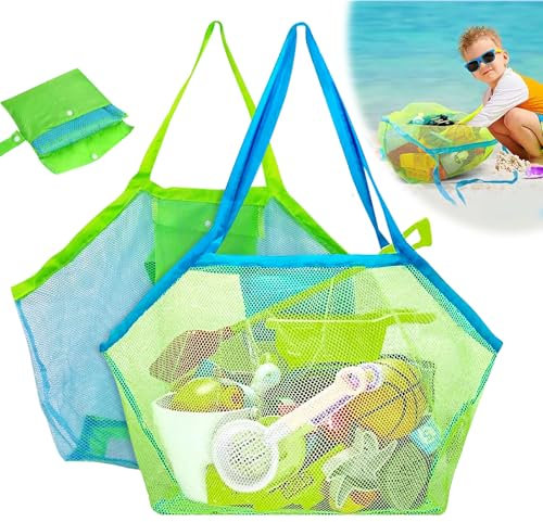2 Stück Strandspielzeug Tasche hochwertigem sandspielzeug tasche netztasche sandspielzeug Netz Strandtasche langlebig Faltbar Sandspielzeug Netztasche für Familie Urlaub Strandurlaub im Freien