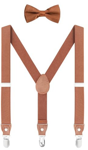 WANYING Unisex Kleinkind Kinder Hosenträger Fliege Set - Y Form 3 Clips Breite 2,5cm Elastische Hosenträger & Fliege für 3-8 Jahre alt - Braun