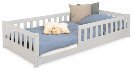 Ehrenkind® Bodenbett | Kinderbett mit abnehmbaren Rausfallschutz aus Massivholz FSC® zertifziert inkl.hochwertigem Lattenrost | Bodenbett 90x200 | Kinderbett 90x200 Grau