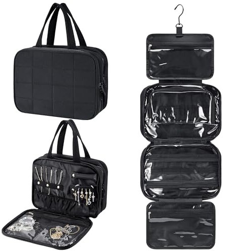 Starvortex Trousse de Toilette a Suspendre, Trousse de Toilette Voyage avec Organisateur Bijoux, Grande Trousse de Toilette Femme Étanche Pliable, Trousse Maquillage à Multiples Compartiments (Noir)