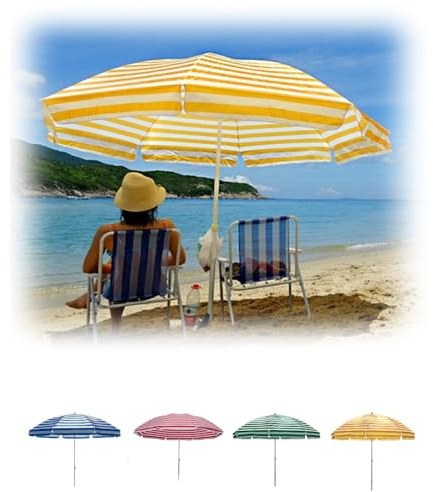 MACAGGTNTU Parasol De Patio Rayures 200/220/250cm Parasol De Plage Extérieur Parasol Rayé Rond pour Patio Jardin Plage Piscine Cour Marché(Yellow,2.0m/6.5ft)