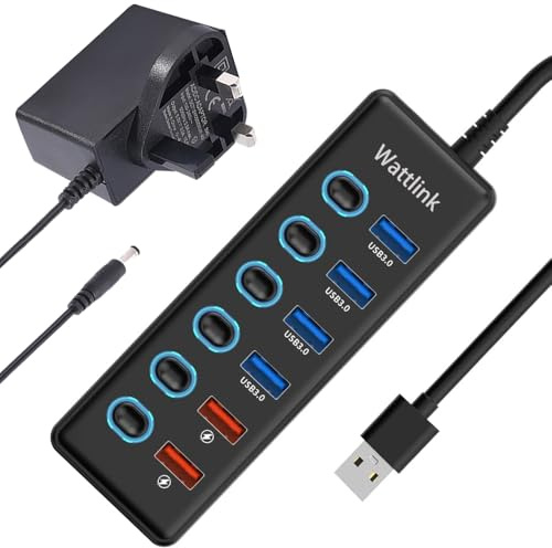 USB Hub with 24W Power Adapter, 6-Port USB 3.0 Hub Splitter (4 USB 3.0 Data Ports + 2 QC 3.0 Fast Charging Ports) with Individual LED Switches for Mac, PC (with Adapter)