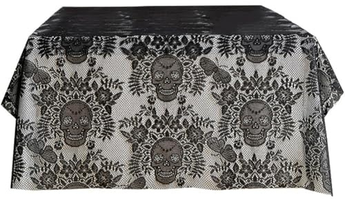 Haowul Halloween Tischdecke, Schwarze Spitze Overlay Collection Gothic Halloween Dekor, Totenkopf Tischdecke Schwarze Tischdecke