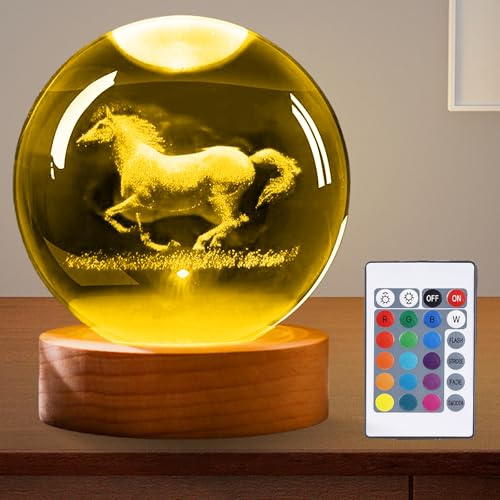 3D Kristallkugel Nachtlicht: 8cm Pferde Glaskugel Lampe USB 3D Pferde Nachtlicht, 16 Farben Licht Glaskugel Nachtlampe mit LED Holzsockel, für Weihnachten, Erntedankfest, Valentinstag, Wohnkultur