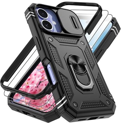 Pilaru 3 in 1 for iPhone 16 Plus Case with Front Frame |2 Separate Screen Protector| Kickstand Ring & Camera Cover Military Grade Drop Shockproof Protection for iPhone 16 Plus,Black