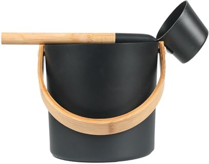 MORETATA Sauna Bucket and Ladle Set, 7L Aluminum Sauna Bucket with Long Wooden Handle Spoon, Luxury Saunas Accessories Kit for Bathrooms, Saunas & Steam Baths(Black)