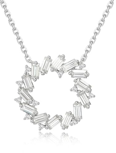 LOVE&LOVE Kreis-Halskette Damen 925 Silber mit Moissanit | 25 Moissanitsteine, D-Farbe/VVS1-Reinheit, 14 Baguette- & 11 Rundsteine, 20mm Kreis, rhodiniert oder 18K vergoldet