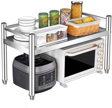 Gaommini Küchenthekenregal für Töpfe und Pfannen – lang 60 cm ~ 120 cm, Aufbewahrungsregal für Utensilien, Geschirr, 2 Etagen, Edelstahlregale für Geräte, Mikrowelle, Gewürze, verstellbar(60x45x50cm)