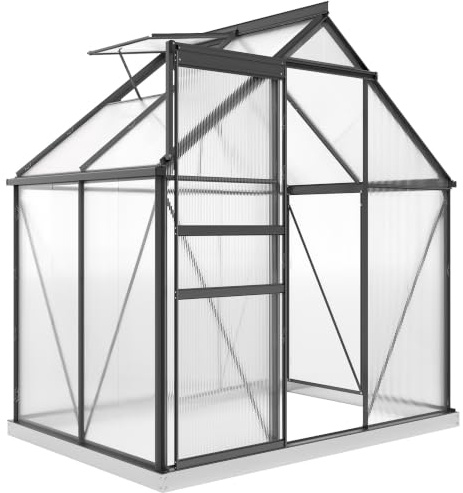 Outsunny Serra da Giardino 2.5㎡ con Fondazione in Policarbonato Grigio | Telaio in Lega di Alluminio, Grondaie, Finestra a Tetto Regolabili, Porta a Battente, Serra per Orto, per Piante, Anti UV
