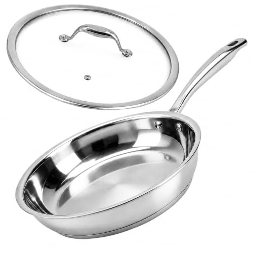 DELARLO Edelstahlpfanne Unbeschichtet 28 cm mit Deckel | 7 mm 3‑lagiger Boden, Induktionsgeeignet, Backofenfest, Ergonomischer Griff, Tropffreier Rand, Spülmaschinenfest