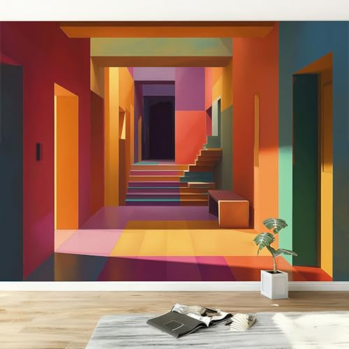 Fototapete Premium-Vlies Minimalistisch Modern Geometrisch Treppen, 300 x 210 cm Tapete Schlafzimmer Wohnzimmer Vliestapete XXL Orangerot Wandtapete Motivtapeten Bildtapete Wand Dekoration
