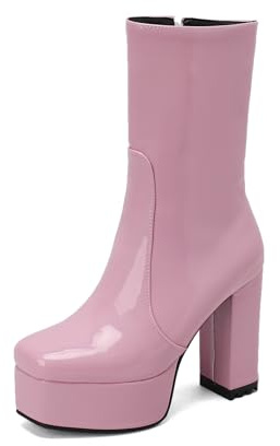 TNMIUH Stivali con Zeppa Donna, Stivaletti in Pelle Verniciata con Tacco Largo Quadrato, Stivali a metà Polpaccio con Cerniera, Scarpe da Festa Nero, Rosa, Bianco,Rosa,43.5 EU