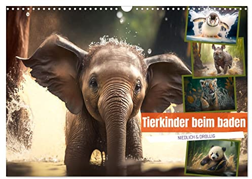 Tierkinder beim baden (Wandkalender 2026 DIN A3 quer), CALVENDO Monatskalender: Kleine, verspielte und niedliche Tierkinder beim planschen im Wasser (CALVENDO Tiere)