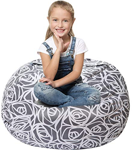 5 STARS UNITED Kids Bean Bag - COVER ONLY - Stuffed Animal Storage - Beanbag Chairs for Kids - 90+ Teddy Plush Toys Holder and Organiser for Boys and Girls - 100% Cotton Canvas - Grey Roses