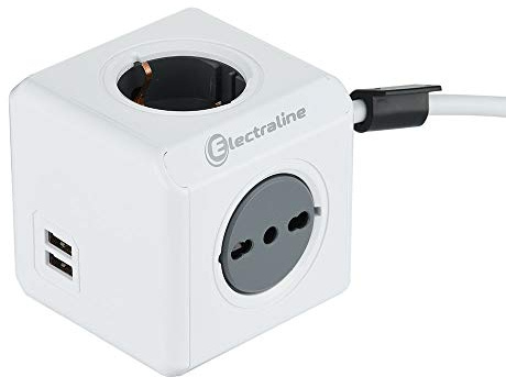 Electraline 62045 Multipresa Cubo Powercube 4 Posti con 2 USB 2.1A, 2 Schuko + Spina Italiana, 2 Bivalenti 10/16 Italiane, Colore Bianco, Cavo 1.5M