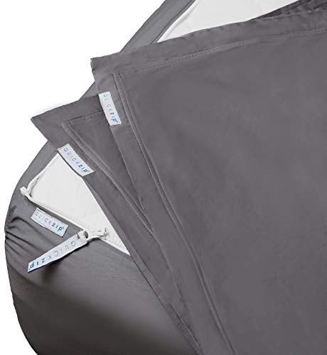 QuickZip Baumwoll-Spannbetttuch – inklusive 1 Spannbetttuch und 2 Bettlaken mit Reißverschluss – einfach zu wechseln, zu Falten und zu waschen – weicher Satin, Doppelbettgröße, Schiefergrau