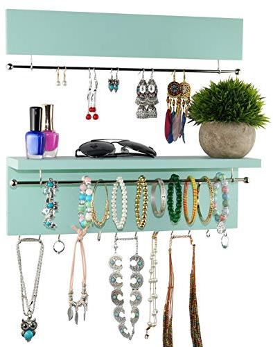 Spiretro Organisateur de bijoux, support mural pour colliers, boucles d'oreilles, bracelets, crochets, anneau de suspension, accessoires de rangement sur étagère, deux pièces, bois - turquoise