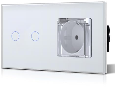 BSEED Interruptor Tactil y Enchufe Estanco, Exterior Enchufes Empotrable Con Cristal,Seguridad infantil,Fácil Instalación,2 Gang 2 Vía + 1 Enchufe,157mm Blanco