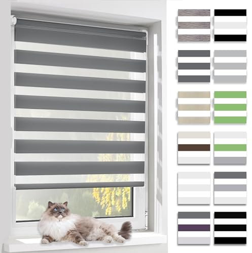BelleMax Doppelrollo Klemmfix ohne Bohren & mit Bohren, 90x120cm(BxH), Dunkelgrau, Duo Rollo, Sonnenschutz lichtdurchlässig Blickdicht, Klemmrollo Fensterrollo, Rollos für Fenster und Tür