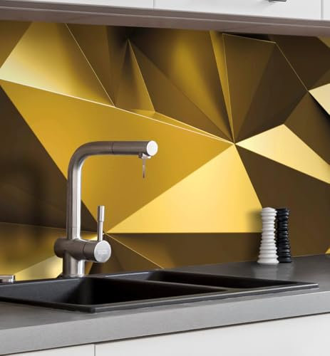 MyMaxxi Küchenrückwand Folie selbstklebend matt Versteift - einfache Montage ohne Bohren - Motiv Gold-Polygone - 60cm hoch - Spritzschutz Küche Klebefolie - Elegant Kunstwerk 280 x 60 cm