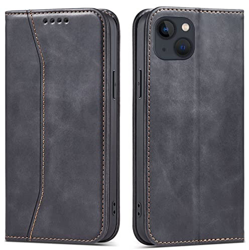OKZone Compatible with iPhone 13 (6.1 Inches) Case, Magnetic Leather Mobile Phone Case for iPhone 13, Premium Leather Flip Foldable Card Slots Shockproof Stand Function (Black)
