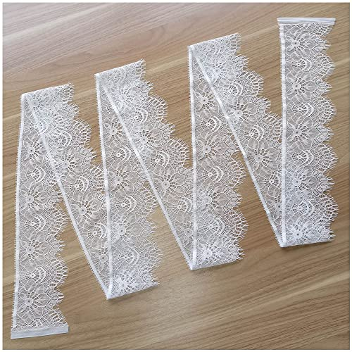 Nicht elastischer Wimpernspitzenbesatz, 2 weiße Spitzenbänder, 9,5 cm (Breite) x 300 cm (Länge), Jakobsmuschel, Nähspitze für Bastelprojekte, wie Brautschleier, Geschenkverpackungen, Puppennähen und